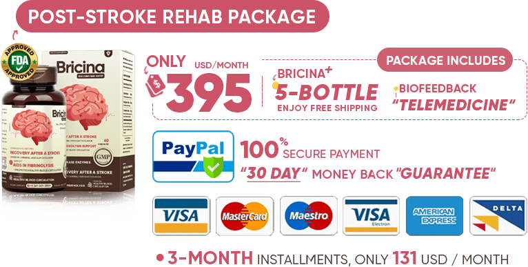BBT: Home Based Post-Stroke Rehab First-Month Treatment Package only $395 USD. Includes: Bricina 5 bottles and Insurance cost, Biofeedback, and Telemedicine by US-licensed doctors. Paypal or card accepted. 100% secure payment, 30-day money-back guarantee.