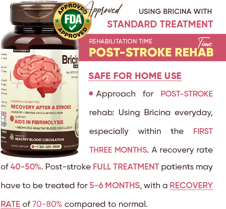 Approach for post-stroke rehab: Using Bricina everyday, especially within the first three months. A recovery rate of 40-50%. Post-stroke full treatment patients may have to be treated for 5-6 months, with a recovery rate of 70-80% compared to normal.