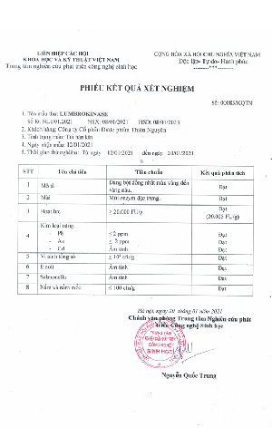 chứng nhận phân tích chất lượng COA lumbrokinase